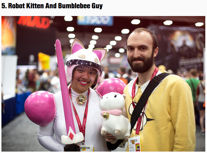 beeandpuppycat:
“ 5. Robot Kitten and Bumblebee Guy
Er, thanks, MTV.com.
(Excellent cosplay, by the way.)
”
I lol’d. Also, hollah at mah gurl cakecosplay and her boi. They’re so adorable!