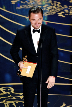 doobiewrap:  delevingned:  Leonardo DiCaprio accepts the Best Actor award for ‘The Revenant’ onstage during the 88th Annual Academy Awards at the Dolby Theatre on February 28, 2016 in Hollywood, California.   