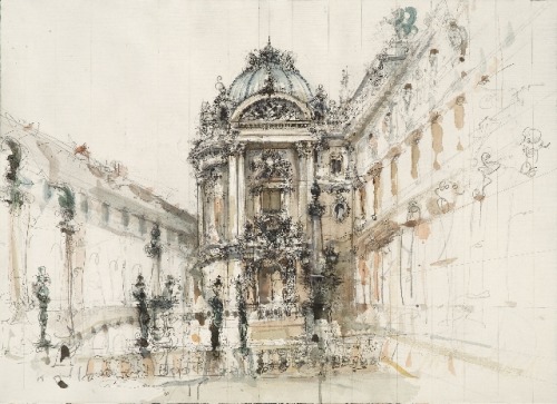 Elizabeth Ockwell, East Door of the Palais Garnier, 2006. Pencil, pen and ink and watercolor on laid
