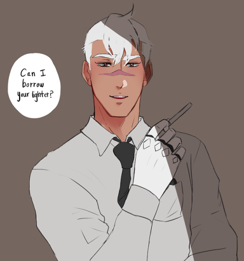 applepiedawn:  Sheith businessman AU where Shiro and Keith both work in the same company but, different departments and Shiro can’t find a reason to approach Keith but, he notices that Keith smokes so he pretends to smoke just to have an excuse to talk