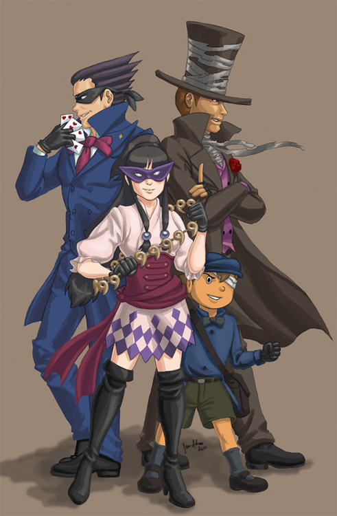professorzilla:  jesidres:  So everyone seems to really like the Dark!Maya design I did earlier this week, so I thought I’d have some fun with all the designs. (Maybe Professor Layton Vs Ace Attorney 2: Electric Bugaboo?) Not quite finished, but eh.