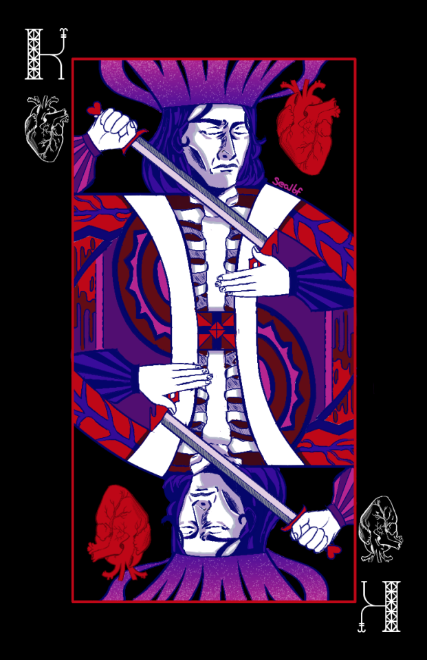 Warning for a mention of self harm in this image description. The King of Hearts is a man facing toward the viewer, with his head turned 3/4. His robe is patterned with veins, dripping blood, triangles and semicircles all using shades of pink, purple, blue and red. His robe is open on the centre to reveal his sternum and part of his ribs, they are white. Where his heart would be, the king is stabbing himself with a sword, which he then covers with his other hans. Soem blood oozes from the wound. The King has a pained but composed expression, with his jaw grit and his eyes squeezed shut. Sprouting from his head is a crown of pink and purple that swirlsa little and ascends upwards until the boarder of the illustration. There are two red anatomically correct hearts in the corners. 