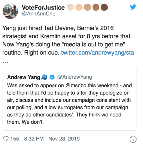 Yang-gang goes bernie bro