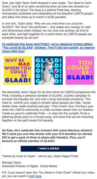 GLAAD made official YNTCD stickers and did a full-list email about @taylorswift and her commitment t