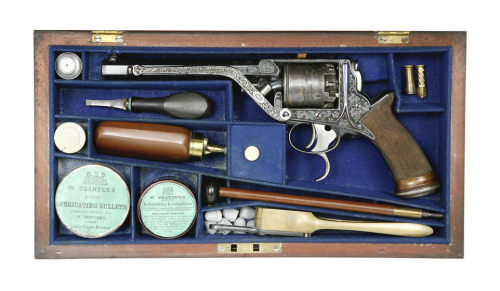 A cased and engraved Tranter Third Model percussion double action revolver, English, circa 1875.Sold