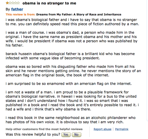1-star review of ‘dreams from my father’written using a predictive text interfaceso