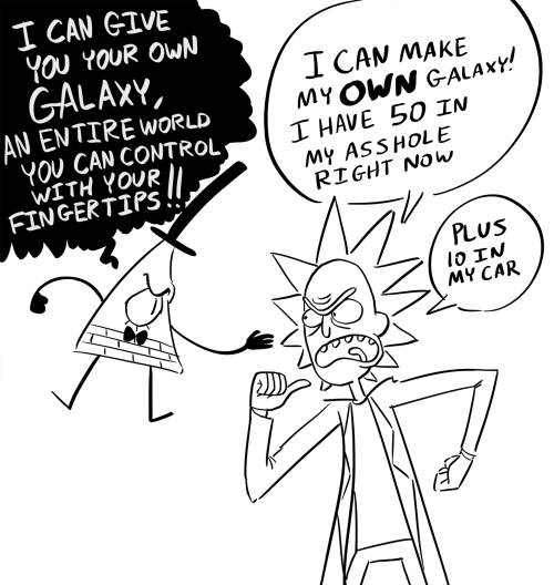 stephreynaart: Some Rick and Morty and Gravity Falls multiverse fun. Rick would see right through Bi