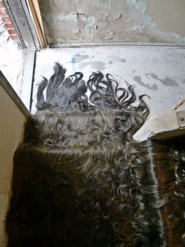 todayisperfect:Jessica Wohl, 2011, Hairy StaircaseSynthatic hair, fabric and steel installed in the 