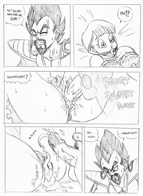 Ah yes, this mini comic continues! Originally it was supposed to be eight to nine pages long, ending with King Vegeta cumming in Bulma. But you saps want yourÂ â€œhappyâ€ ending (and then some)! :P So who am I do deny you more pages, eh?I extended the