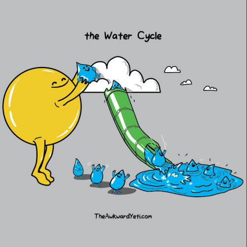 thesassycat:  annabunches:  larstheyeti:  the Water Cycle  I want to reblog this every day for the rest of my life.  they are sliding into a pool of their own blood 
