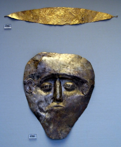 ancientart:Electrum Mycenaean death mask. This artifact was found at Grave Gamma, Grave Circle B, My