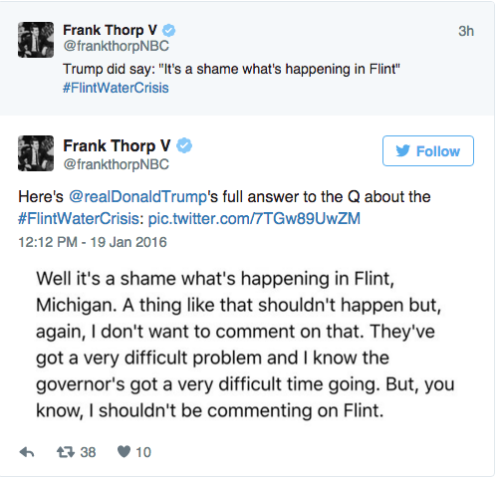 think-progress: Trump Refuses To Comment On Flint Water CrisisThere is lead in Flint, Michigan&rsquo