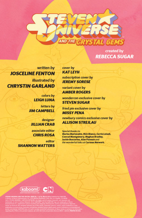 kaboomcomics:  NEW STEVEN UNIVERSE COMICS!!!!!!!! Ahem. Steven Universe and the Crystal Gems #1 hits comic shops next week, 3/16, so don’t miss out! The delightful team of Josceline Fenton and Chrystin Garland talk about the series on Newsarama. 