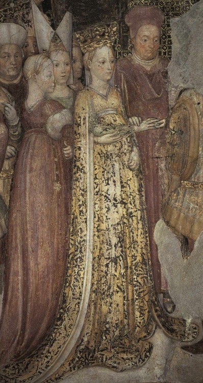 A mid-15th century fresco depicting Theodelinda (c. 570-628), queen of the Lombards. A prominent fig