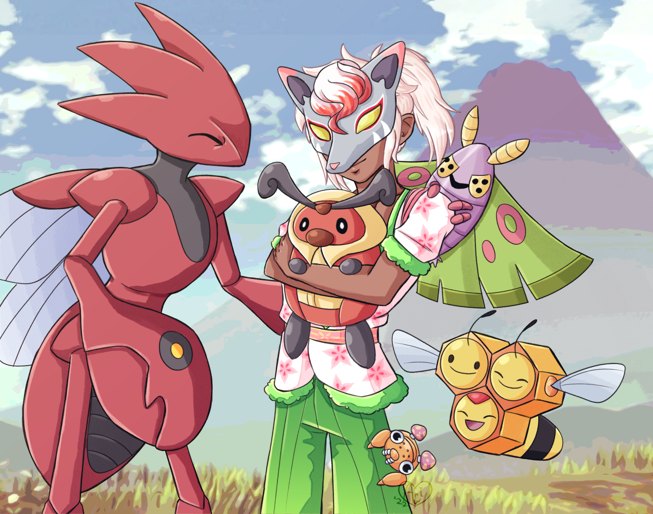 Drew my character in PLA with my favorite bug types. (At least, the ones that are in the game.)