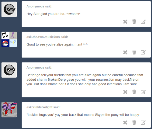 ask-star-singer:  An ask by two Anons, ask-the-two-musicians, askcrinkletwilight and brokenderp featuring askskypethepony, ask-twilights-library, ask-dizzylollipop, isle-of-forgotten-dreams and ask-shiver-snow.It’s good to be back alive again, I know.I
