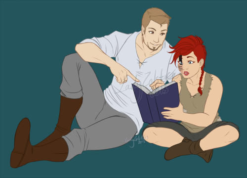 ladyzolstice: Finished commission for undead-potatoes of Alistair teaching her Nimri Brosca how to r