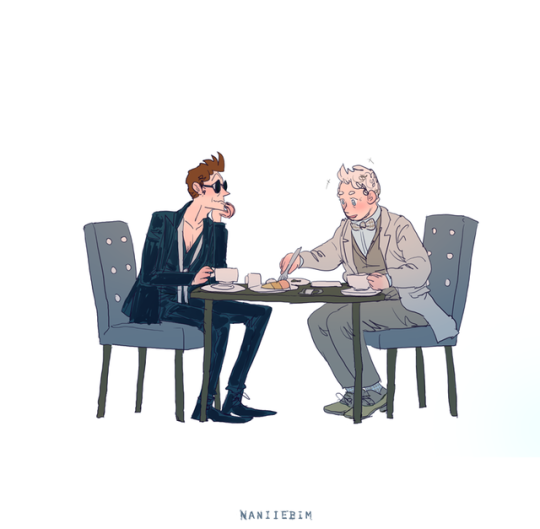 Meeting in the Cafe. (Where Aziraphale helps himself to Crowley’s angel cake.) (It mentions devilled eggs, but Aziraphale’s...