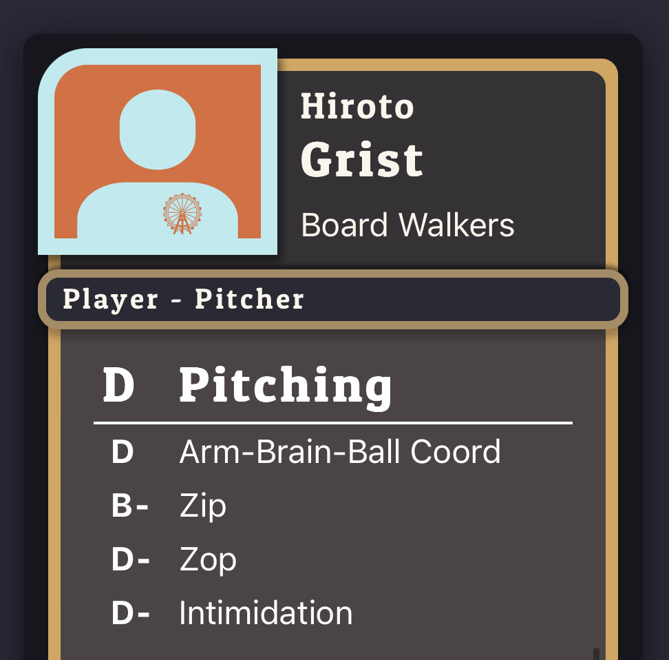 A screenshot from Terror Ball's website of Board Walkers pitcher Hiroto Grist. They have a D Pitching rating, with their individual stats being D Arm-Brain-Ball Coord, B- Zip, D- Zop, and D- Intimidation.