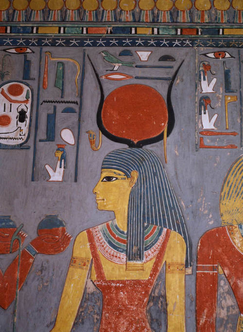 grandegyptianmuseum:Goddess Isis receives an offering of wine, detail of a wall painting from the To