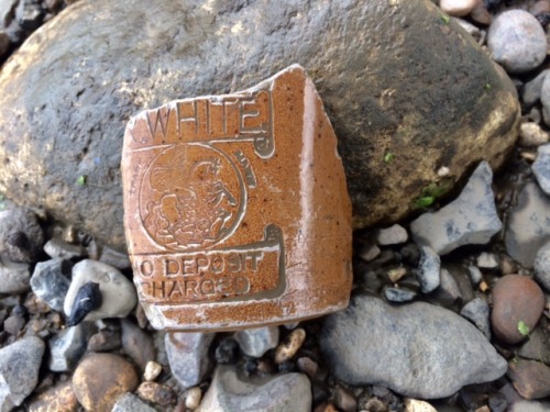 Fragment of an old R Whites stoneware lemonade or ginger beer bottle. Found under Wandsworth Bridge.