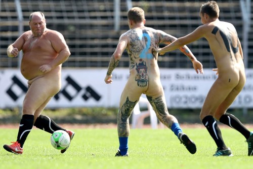 homme–fatale:Nude german and dutsch soccer players during a protest match against FIFANaked football