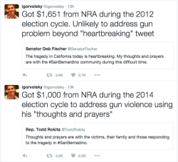 solarsematary:  kateoplis:  think-progress:  Lawmakers Offer ‘Prayers’ For Mass Shooting Victims, Receive Large Checks From The NRA Following Wednesday afternoon’s mass shooting in San Bernardino, California, which left at least 14 people dead,