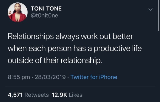 the-wannabee: flamebutch:  rubydat98:   coffeeandgranolabars:   imransuleiman:    Productive in what way?   Productive as in has friends, does things without their partner, working etc.    Personally fulfilling. That is hugely important   Oh 