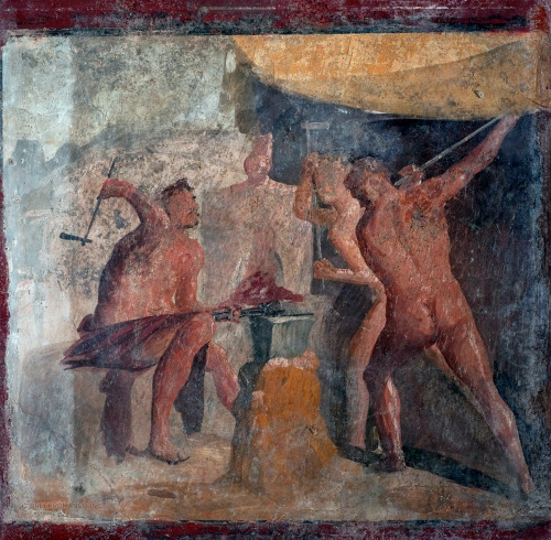 greekromangods: Hephaestus’ workshop 68–79 AD Pompeii (Origin) Fresco Museo Archeologico