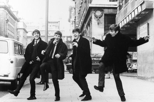 thateventuality:  The Beatles clowning around next to their band van, outside the BBC Paris Theatre,