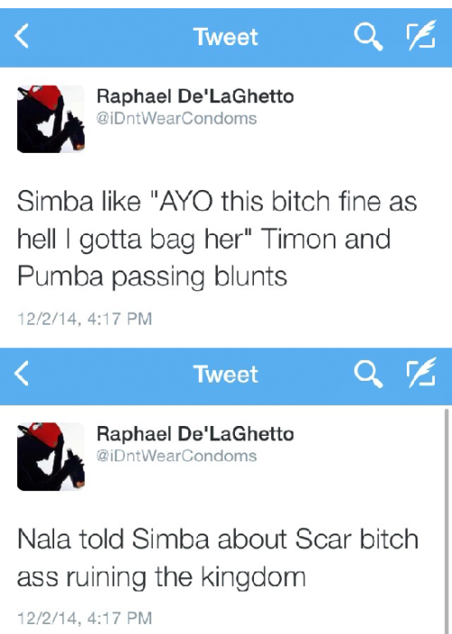 becuzbacon:  whutetdew:  flightlesslexxii:  iraffiruse:  It’s like they translated Lion King back to Shakespeare.  Lmaoooo shambrizzle indihaitian  Yall got my neice chastising me talmbout it’s not funny  Timon and Pumba passing blunts 😂😂😩