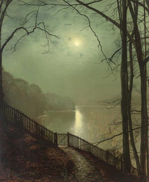 artist-grimshaw:Moonlight on the lake Roundhay Park Leeds, John Atkinson Grimshaw