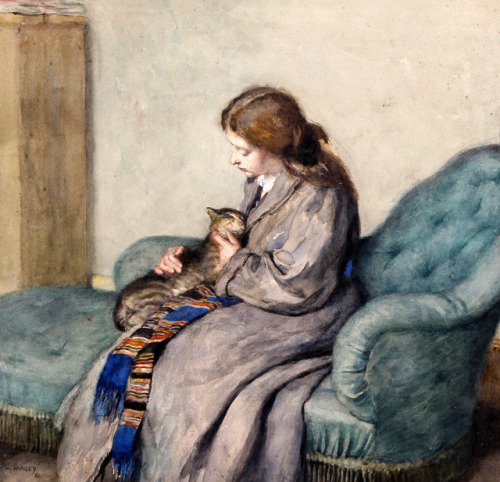 huariqueje: Lady seated with a cat in an interior   -   Herbert Johnson Harvey , 1910. Bri