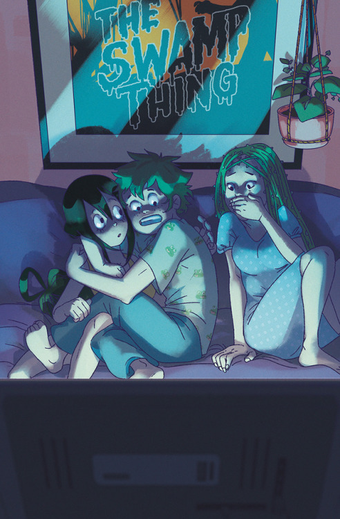 A green-themed scary movie night for Izuku, Tsu and Ibara!I did this sweet piece for @bnhaslumberpar