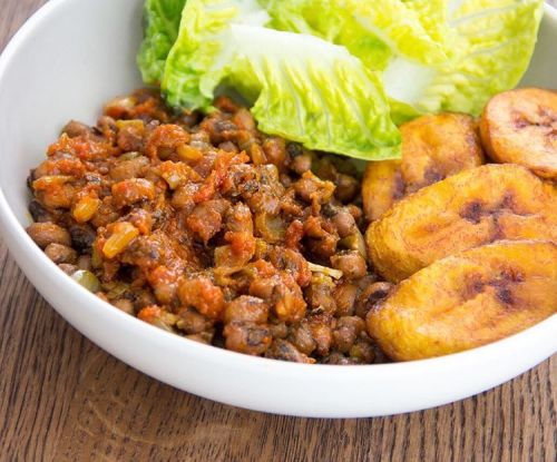 Black eye bean stew with plantain. Cooked with Pepper and Stew tomato - egusi sauce. Recipe link in