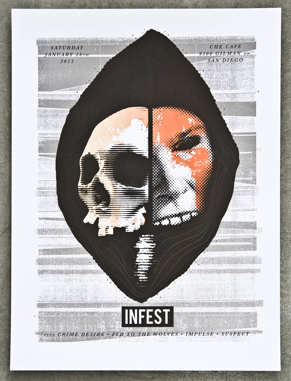 i designed and screen printed these INFEST posters for the Che Cafe show this saturday, they are 3 colors on 18"x24" paper and numbered in an edition of 120.