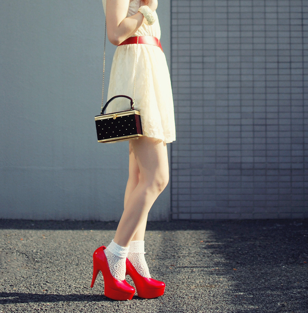 White lace ankle socks and shiny bright red heels - Tumblr Pics