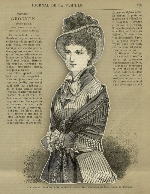 La Mode illustrée, no. 22, 1 juin 1879, Paris. Écharpe en crèpe de chine, modèle de la maison bize, 