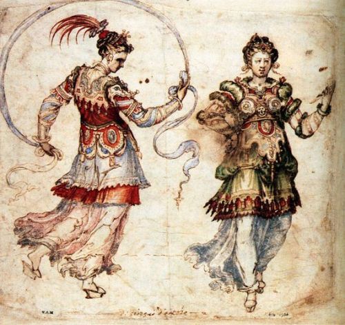 abra-cada-bra:Costumes for dancing girls for the play “La Pellegrina”,1592 Buontallenti