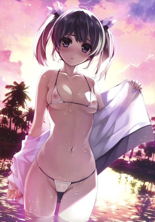 akira-europe: bikini cleavage misaki kurehito nipples open shirt see through swimsuits underboob wet