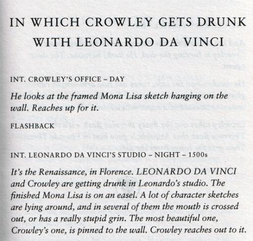 Crowley gets drunk with Leonardo Da Vinci - from the Good Omens Script Book (a book I highly recomme