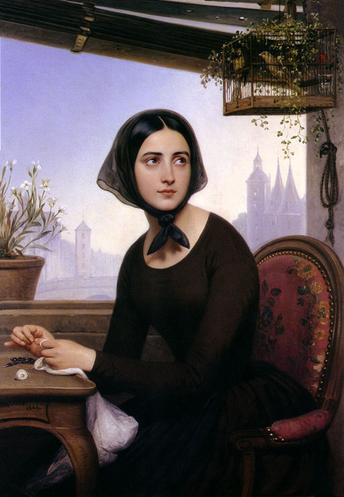Rigolette Keeping Herself Busy While Germain is Away by Joseph-Désiré Court (1842)