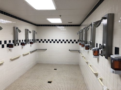 Men’s showers at the YMCA of Westfield, Westfield, New Jersey.