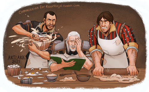 larklife:Recent commission for @rawrkinjd! From the prompt: “Geralt, Eskel and Lambert trying to bak