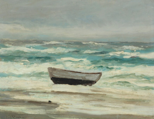 simena:Carl Locher - Coastal scenery with breaking waves and a boat on the beach