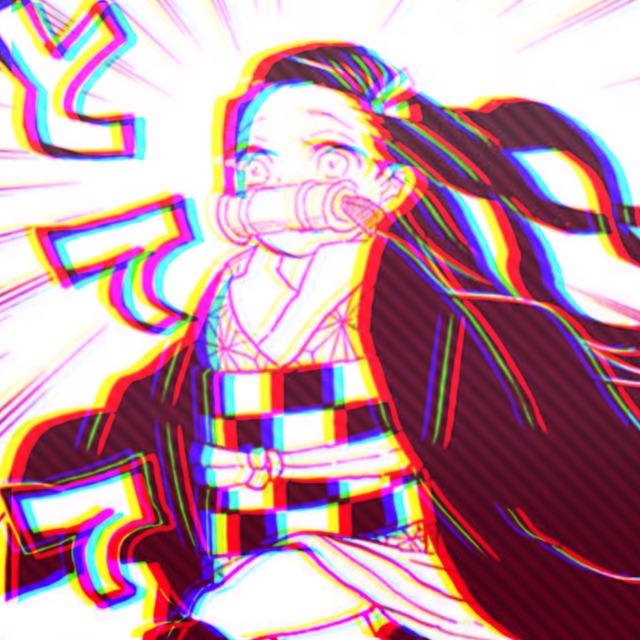 a manga icon of nezuko from demon slayer. it has a pink overlay. she is small and running to the left. her clothes are huge on her. 