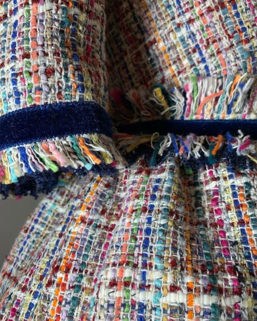 Multicolor tweed dress with blue velvet ribbons and belt from colored threads #misscandy #bemisscand