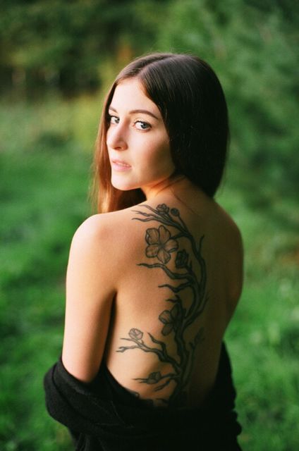 Tattoo Life, Fujifilm, Analogue Photography, 35mm, Back Tattoo, Waist Up, Leisure Activity, Long Hai