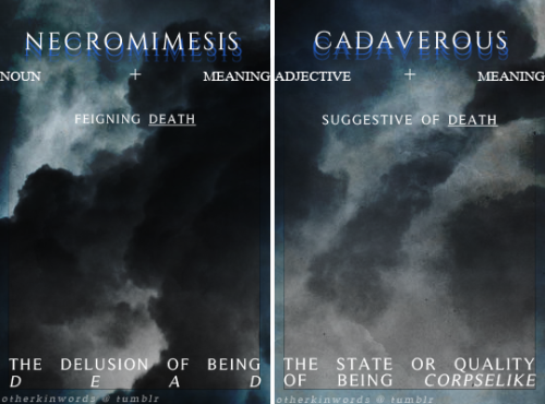 otherkinwords:NECROMIMESIS . (noun) . feigning death; the delusion of being deadCADAVEROUS . (adject