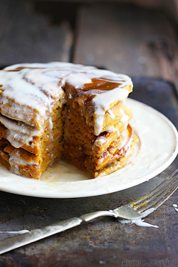 boozybakerr:Pumpkin Cinnamon Roll PancakesI think, at this point, that’s just a layer cake. Let’s be honest.